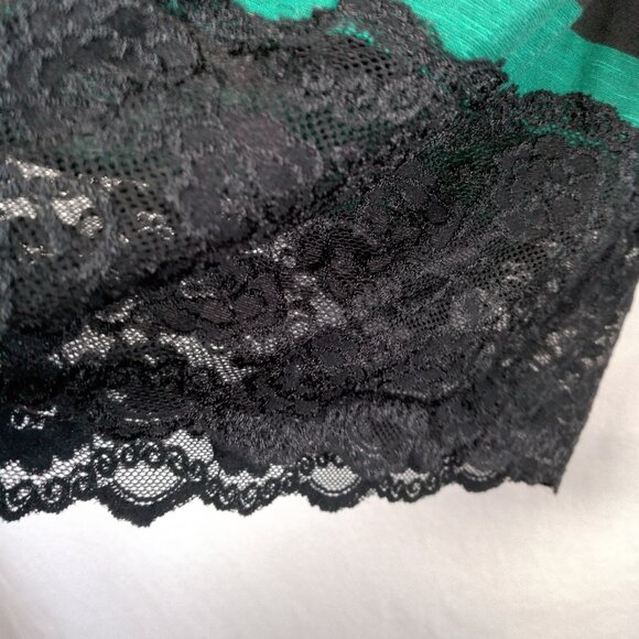 Vintage Y2K Daytrip Shirt Medium Green Black Strriped Deep V Neck Slim Lace Trim - Picture 6 of 14